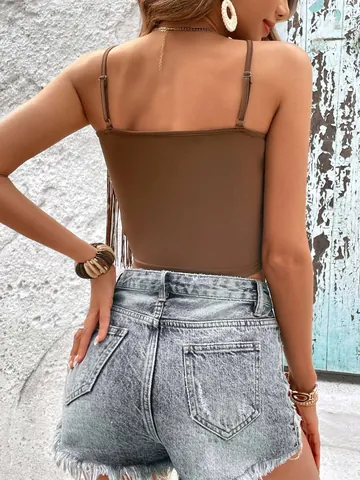 Women Sexy Polyester Tassel Cami Top V-Neck Spaghetti Strap Sleeveless Fringe Crop Tank Top For Summer Party Vacation