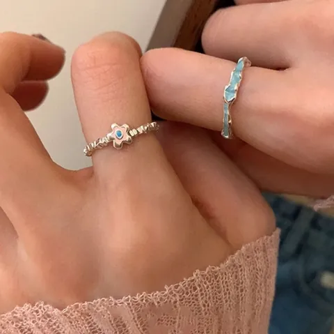 Minimalistische Legierung Wellenring Blau Emaille Tropfendes Öl Verstellbarer Zeigefingerring Mode Nischen-Design Damen Fingerring