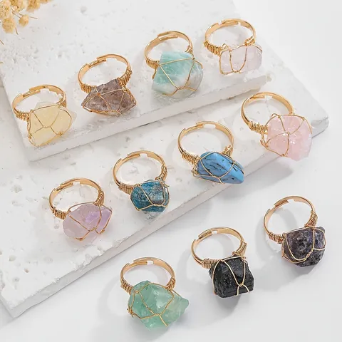 Natural Stone Wire Wrapped Ring For Women Men Adjustable Open Ring Gold Tone Alloy Healing Crystal Irregular Stone Finger Jewelry