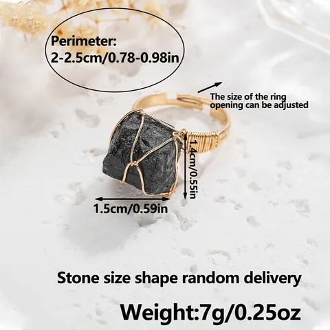 Natural Stone Wire Wrapped Ring For Women Men Adjustable Open Ring Gold Tone Alloy Healing Crystal Irregular Stone Finger Jewelry