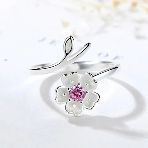 Anello Aperto in Argento Sterling 925 a Forma di Fiore di Ciliegio Con Zirconia Rosa Viola Anello Regolabile Gioielli Romantici