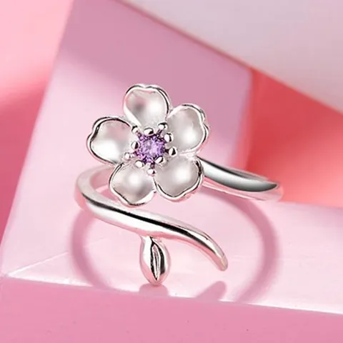 Anello Aperto in Argento Sterling 925 a Forma di Fiore di Ciliegio Con Zirconia Rosa Viola Anello Regolabile Gioielli Romantici