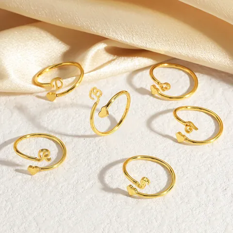 Minimalist Gold Plated Copper Initial A-Z Letter Open Ring Heart 3D Letter Adjustable Fashion Ring For Women Jewelry Gift