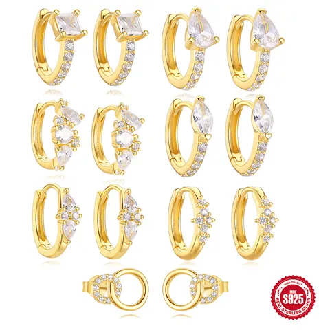 925 Plata de Ley Circonia Pendientes de Aro para Mujer Chapado en Oro 18K Cuadrado Gota Marquise Joyería Minimalista Diaria