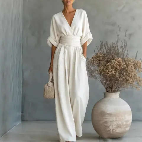 Women Elegant V-Neck Pleated High Waist Jumpsuit Wide Leg Solid Color Short Sleeve Fashion Jumpsuit for Party Casual Wear