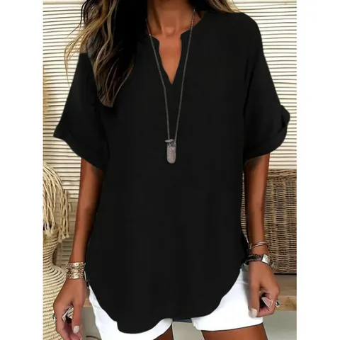 Dames Mode V-Hals Korte Mouw Blouse Casual Effen Kleur Getextureerd Polyester Top Met Afgeronde Zoom Voor De Zomer