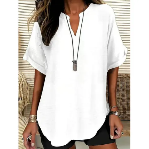 Dames Mode V-Hals Korte Mouw Blouse Casual Effen Kleur Getextureerd Polyester Top Met Afgeronde Zoom Voor De Zomer