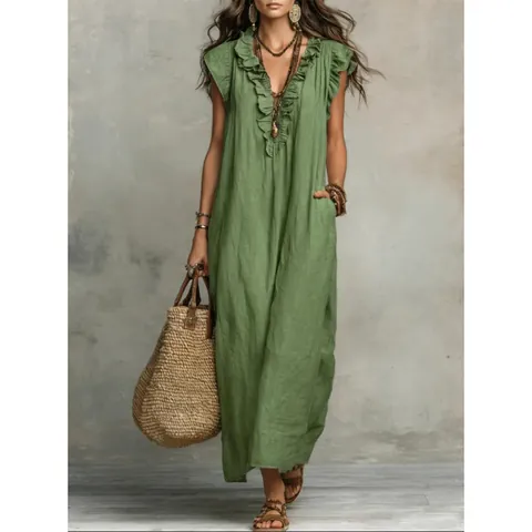 Bohemian Cotton Linen Maxi Dress Women Ruffle V-Neck Butterfly Sleeve Loose Beach Holiday Solid Color Floor-Length Dress