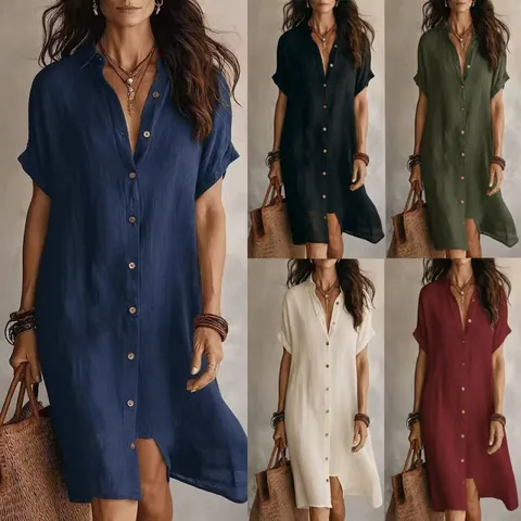 Women Casual Cotton Linen Shirt Dress Short Sleeve Button Down Midi Dress Solid Color Elegant Straight Fit Summer Dress