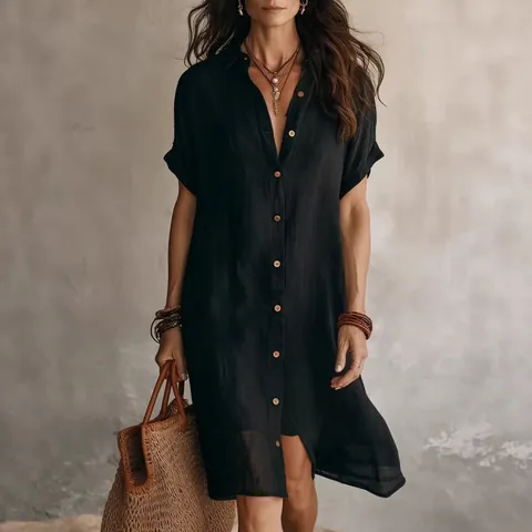 Women Casual Cotton Linen Shirt Dress Short Sleeve Button Down Midi Dress Solid Color Elegant Straight Fit Summer Dress