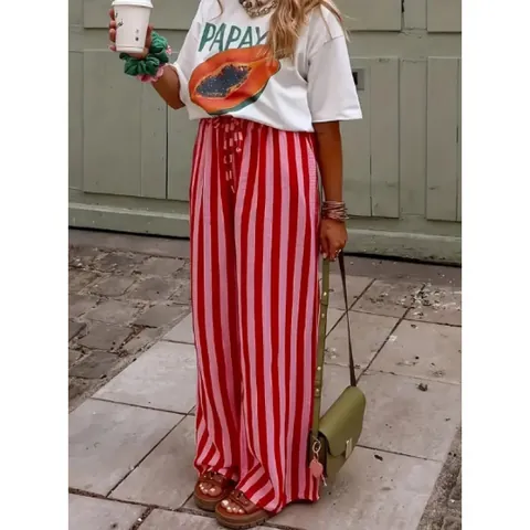Pantalones de Pierna Ancha a Rayas Informales para Mujer Cintura Alta Sueltos Rectos con Cordón Ropa de Calle Primavera Verano