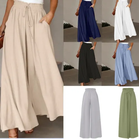 Women's High Waist Wide Leg Pants Polyester Elastic Waist Drawstring Culottes With Pockets Casual Summer Loose Long Trousers