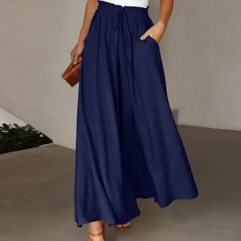 Women's High Waist Wide Leg Pants Polyester Elastic Waist Drawstring Culottes With Pockets Casual Summer Loose Long Trousers