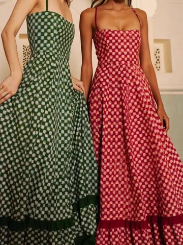 Women Sexy Plaid Spaghetti Strap Maxi Dress Slim Fit Square Neck Ruffle Hem Gingham Print Large Swing Long Sun Dress