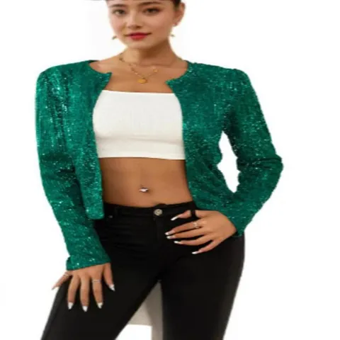 Damen Mode Pailletten Jacke Kurz Casual Stehkragen Langarm Reißverschluss Glamouröse Party Streetwear Oberbekleidung Top