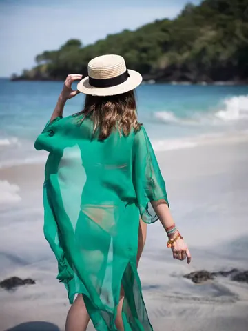 Women Chiffon Pleated Beach Cover Up Long Cardigan Sheer Swimsuit Sunscreen Top Casual Solid Color Sun Protection Beach Wrap