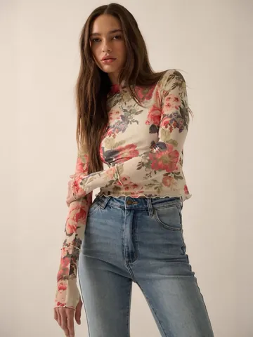 Women Vintage Rose Print Mesh T-Shirt Slim Fit Mock Neck Lettuce Edge Long Sleeve Top Viscose Breathable Summer Sheer Top