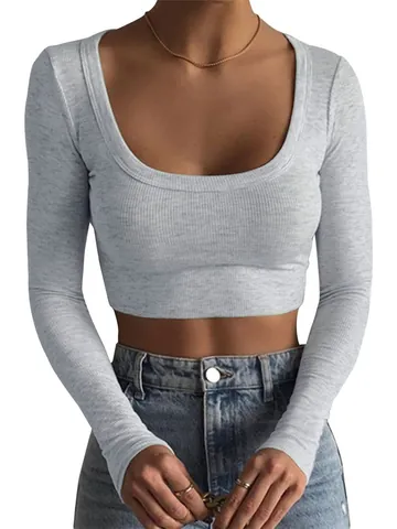 Top Corto de Manga Larga de Algodón Acanalado para Mujer Cuello Redondo Corte Ajustado Camiseta Básica Color Sólido