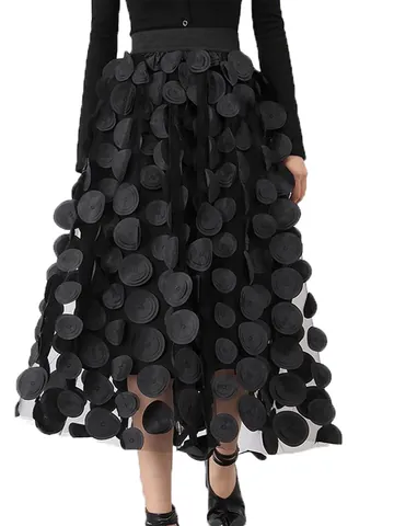 Women's High Waist 3D Floral Mesh A-Line Skirt Elegant Fairy Tulle Skirt Polyester Autumn Design Bottom For Women Party