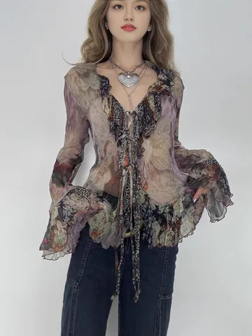 Vintage Kunst Tie-Dye Mesh Oberteil für Damen Rüschen Schnürung Slim Fit Flare Langarm Retro Boho Bluse Oberteil