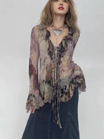 Vintage Kunst Tie-Dye Mesh Oberteil für Damen Rüschen Schnürung Slim Fit Flare Langarm Retro Boho Bluse Oberteil