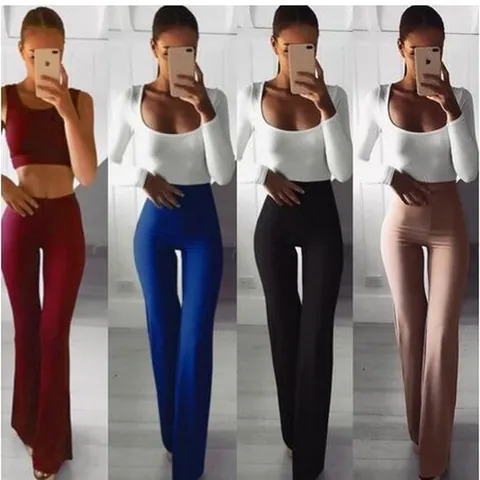 Women High Waist Flare Yoga Pants Elegant Solid Color Office Wide Leg Trousers Slim Fit Stretchy Bell Bottom Pants