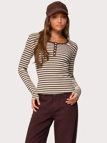 Women American Vintage Striped Long Sleeve T-Shirt Slim Fit Henley Button Collar Polyester Base Layer Ribbed Top Brown