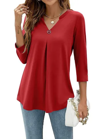 Women V Neck 3/4 Sleeve T-Shirt Solid Color Pleated Top With Button Decoration Casual Summer Autumn Tunic Shirt