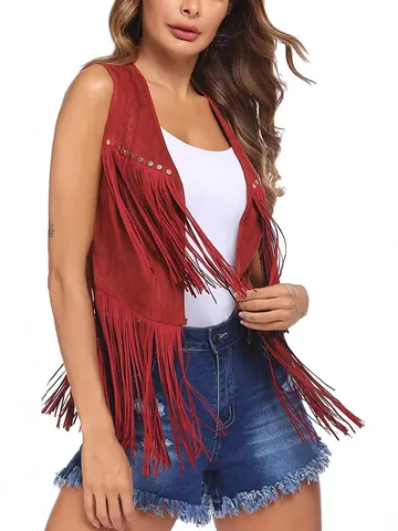 Women's Mid-Length Fringe Vest Boho Faux Suede Studded Sleeveless Open Front Waistcoat Casual Solid Tassel Jacket Top