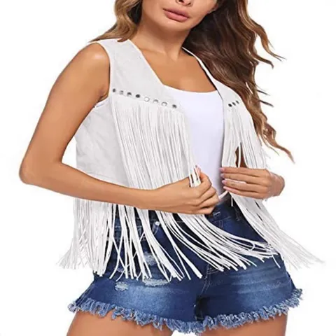Women's Mid-Length Fringe Vest Boho Faux Suede Studded Sleeveless Open Front Waistcoat Casual Solid Tassel Jacket Top