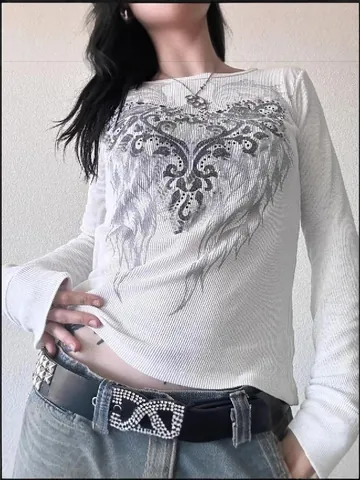 Vintage Punk Waffelstrick Baumwolle Top Für Damen Schlanke Passform Langarm Rundhals Grafik Federflügel Bedruckt Heißklebe-Strass Streetwear Bekleidung