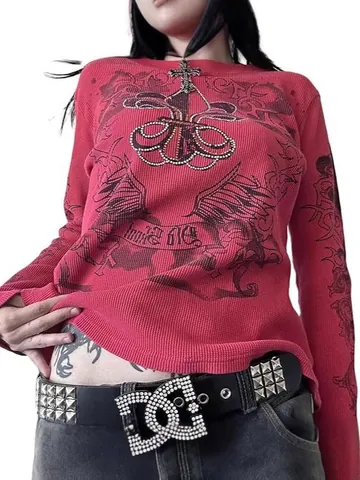 Vintage Punk Waffelstrick Baumwolle Top Für Damen Schlanke Passform Langarm Rundhals Grafik Federflügel Bedruckt Heißklebe-Strass Streetwear Bekleidung