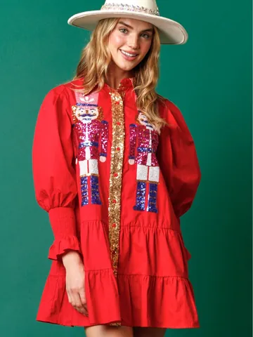 Women Nutcracker Sequin Christmas Dress Long Sleeve Lapel Tiered Cake Skirt Party Mini Dress Festive Apparel