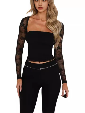 Women Sexy Sheer Floral Lace Two Piece Top Set Long Sleeve T-Shirt With Tube Top Mesh Hollow Out Slim Fit Top Polyester Spandex