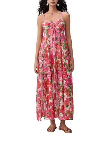 Women Summer Floral Print Sling Maxi Dress Bohemian Strappy V-Neck Pleated Vacation Party Long Dress For Beach Daily Wear