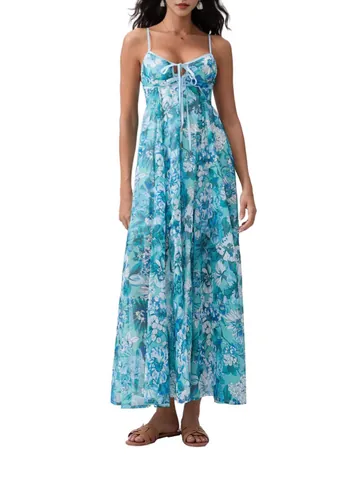 Women Summer Floral Print Sling Maxi Dress Bohemian Strappy V-Neck Pleated Vacation Party Long Dress For Beach Daily Wear