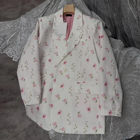Women's Floral Print Lapel Blazer Jacket Long Sleeve Belted Waist Spring Sweet Suit Coat Casual Office Wear Outerwear