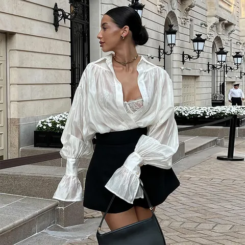 Camicetta da Donna con Maniche a Lanterna Oversize Revers Tinta Unita Poliestere Seta Dolce Fresca Camicia 2024 Autunno Moda Top