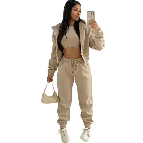Conjunto de Chándal Deportivo Casual para Mujer de Poliéster Forrado de Polar Con Sudadera Con Capucha Camiseta de Tirantes y Pantalones Joggers para Invierno