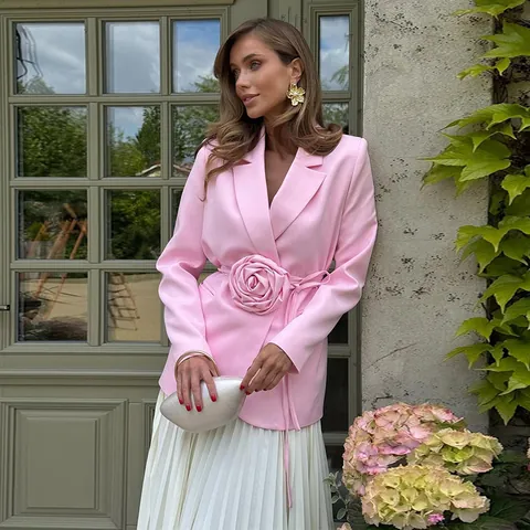 Women Elegant 3D Flower Blazer Notch Lapel Tie-Waist Loose Fit Long Sleeve Polyester Fashion Party Outerwear Casual Top