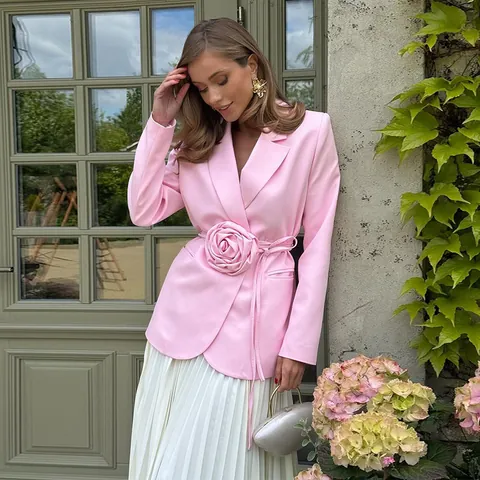 Women Elegant 3D Flower Blazer Notch Lapel Tie-Waist Loose Fit Long Sleeve Polyester Fashion Party Outerwear Casual Top