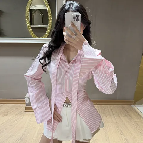 Camisa a Rayas de Manga Larga para Mujer de Corte Ajustado con Solapa y Lazo para Primavera Moda Casual Blusa de Poliéster Ropa