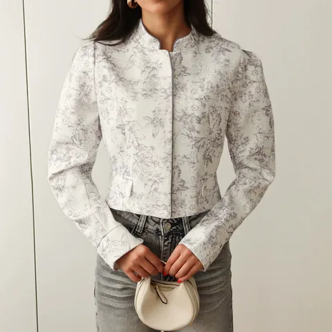 Women Elegant Ink-wash Floral Print Blazer Temperament Stand Collar Long Sleeve Short Small Suit Casual Office Top