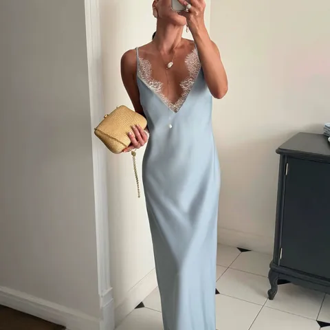 Robe Longue Sexy pour Femmes Col en V Patchwork de Dentelle Satin Coupe Ajustée Dos Nu Sans Manches Élégante Robe de Soirée d'Été