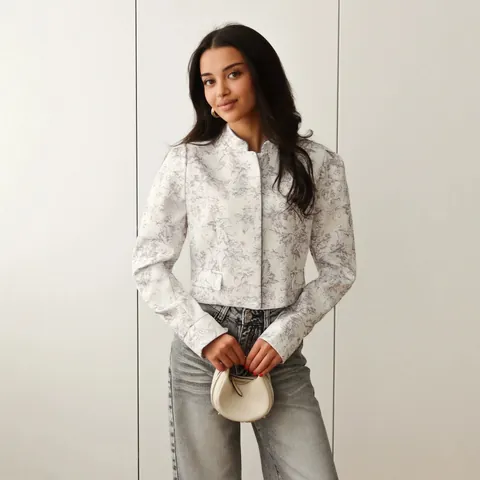Women Elegant Ink-wash Floral Print Blazer Temperament Stand Collar Long Sleeve Short Small Suit Casual Office Top