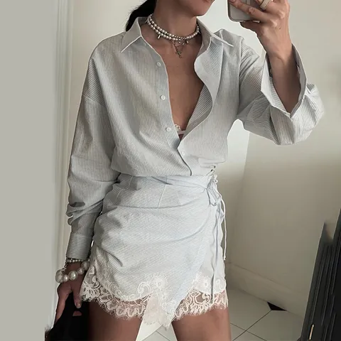 Women Striped Long Sleeve Button Down Shirt And Lace Trim Wrap Mini Skirt Top And Bottom Set Casual Sweet Outfit