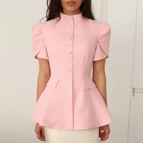Women Short Sleeve Peplum Blazer Top Stand Collar Button Up Slim Fit Solid Color Elegant Summer Polyester Office Top
