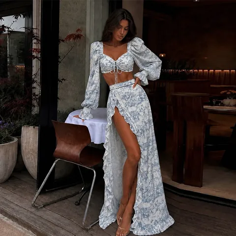 Elegant Floral Print Top And Bottom Set Lace Up Puff Sleeve Crop Top High Slit Ruffle Maxi Skirt Vacation Women Outfit