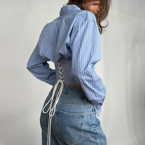 Camisa de Mujer Dulce Fresca a Rayas Solapa Estilo Corsé Cintura Corta Manga Larga Botones Estampado Poliéster Top