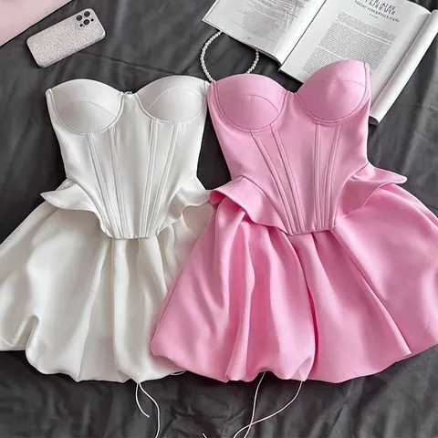 Women Strapless Bustier Corset Top And Balloon Bubble Mini Skirt Co-ords Polyester Solid Color Elegant Sweet Clubwear Outfit